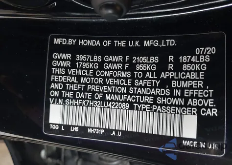 2020 Honda Civic Lx z USA, uszkodzony, nr VIN SHHFK7H32LU422089